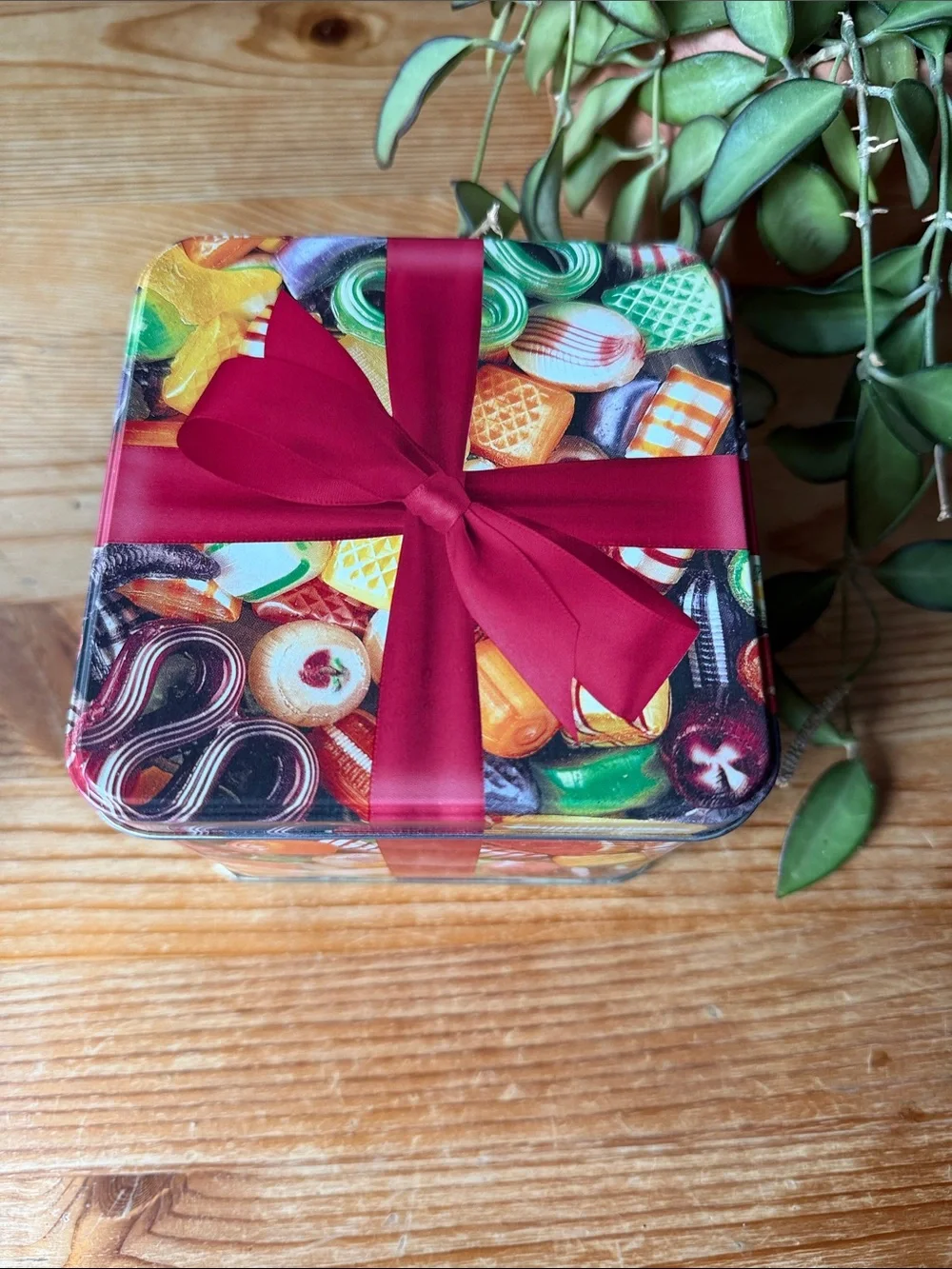 Vintage Candy-Print Decorative Tin Box with Red Ribbon